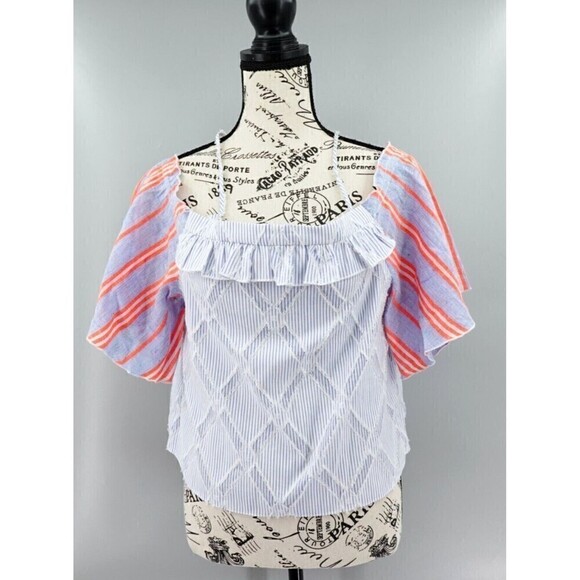 LemLem Top Womens Small Blue Striped Off-the-Shoulder Frayed Ruffled Detail Boho - Picture 1 of 14